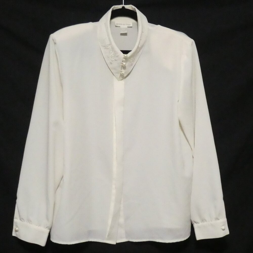 SUSAN HUTTON | size 14 | Elegant White Dress Shirt | Shoulder Pads | Polyester